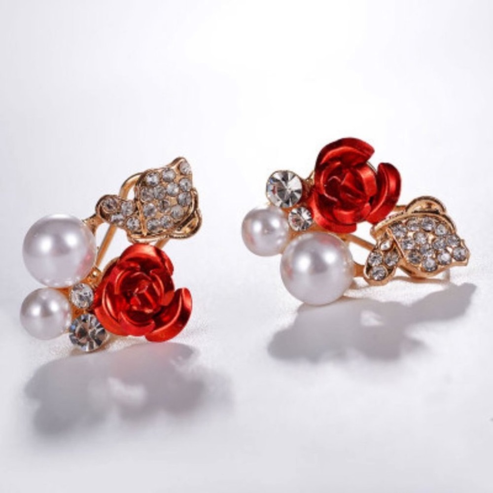 Red Rose Pearl Butterfly Crystal Pave Earrings NEW